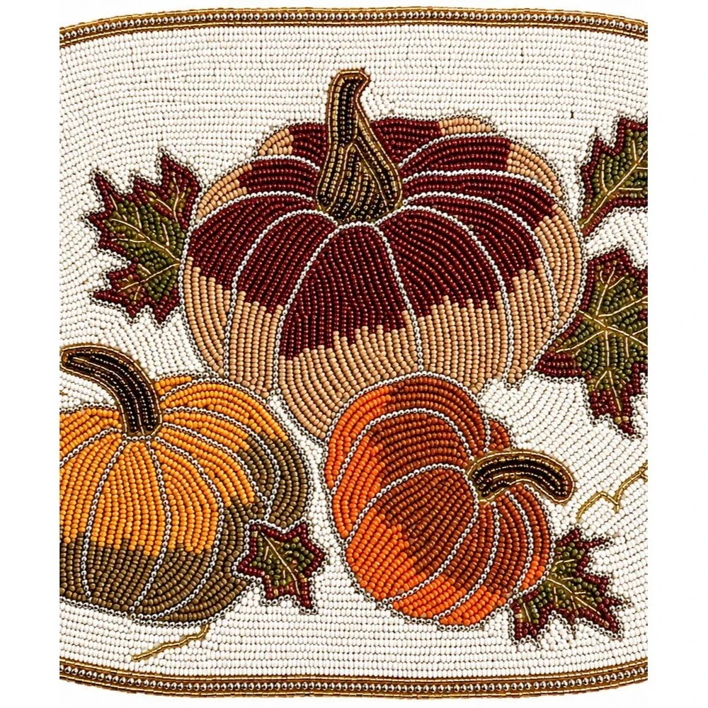 Tahari Home Beaded Pumpkin Placemat 12x18 Fall Leaves Thanksgiving Oval Charger